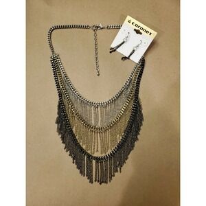 Coronet Multi-Chain 3 Tone Fringe Bib Necklace & Matching Dangle‎ Earrings NEW